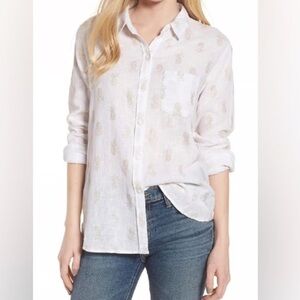 Rails Charli White Linen Blend Button-Down Blouse w/ Golden Pineapple Print, XL